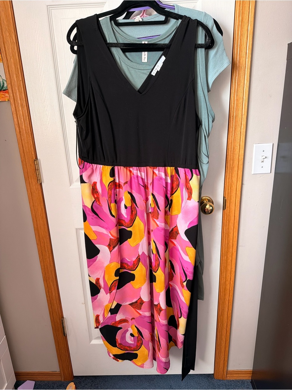 Black V-Neck Dress with Pink & Yellow Abstract Romper